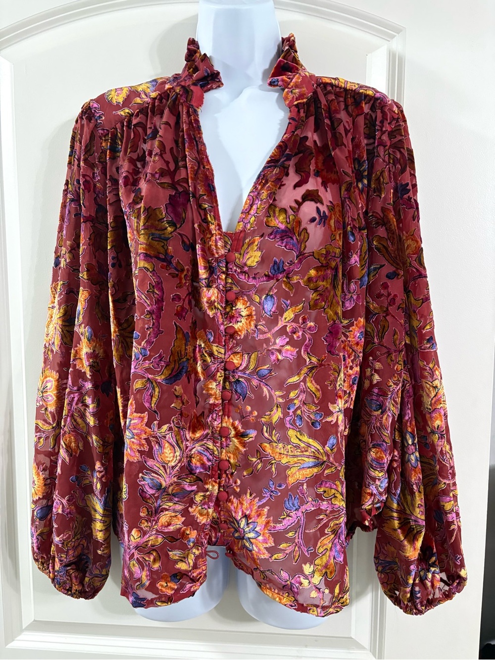 Anthropologie Estela Floral Burnout Velvet Blouse Burgundy Medium NWOT
